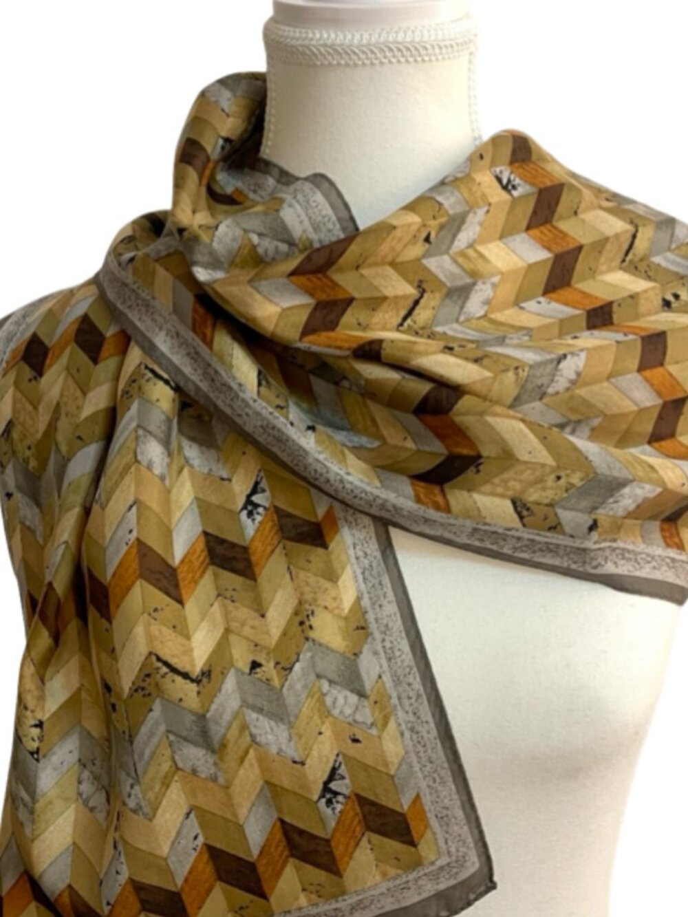 Anne Klein 100% Silk Geometric Scarf | Neutral Gold Brown Gray | 56" x 11"